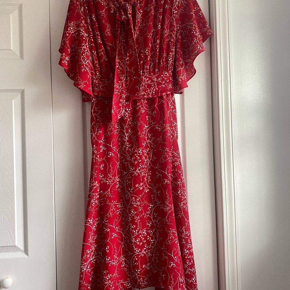 Red Floral V-Neck Flutter Sleeve Dress
